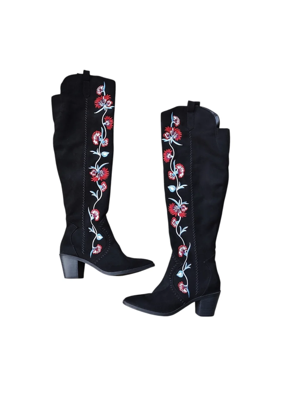 Carlos Santana Black Over-the-Knee Boots with Red and Blue Floral Embroidery